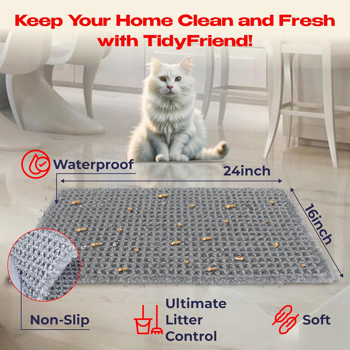 Cat Litter Mat – 24″ x 16″ Non-Slip Yarn Kitty Litter Trapper – Grey