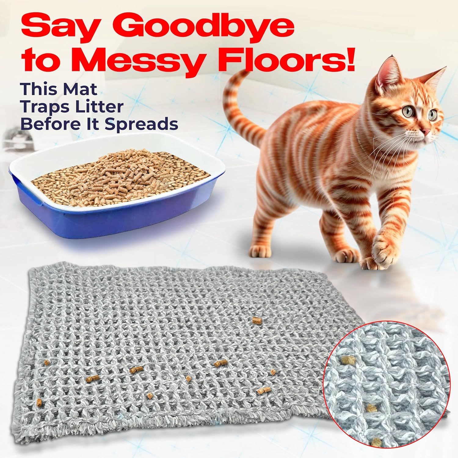 Cat Litter Mat – 24″ x 16″ Non-Slip Yarn Kitty Litter Trapper – Grey