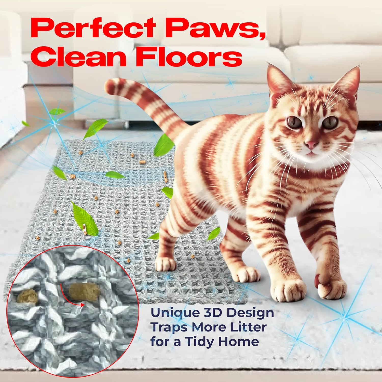 Cat Litter Mat – 24″ x 16″ Non-Slip Yarn Kitty Litter Trapper – Grey