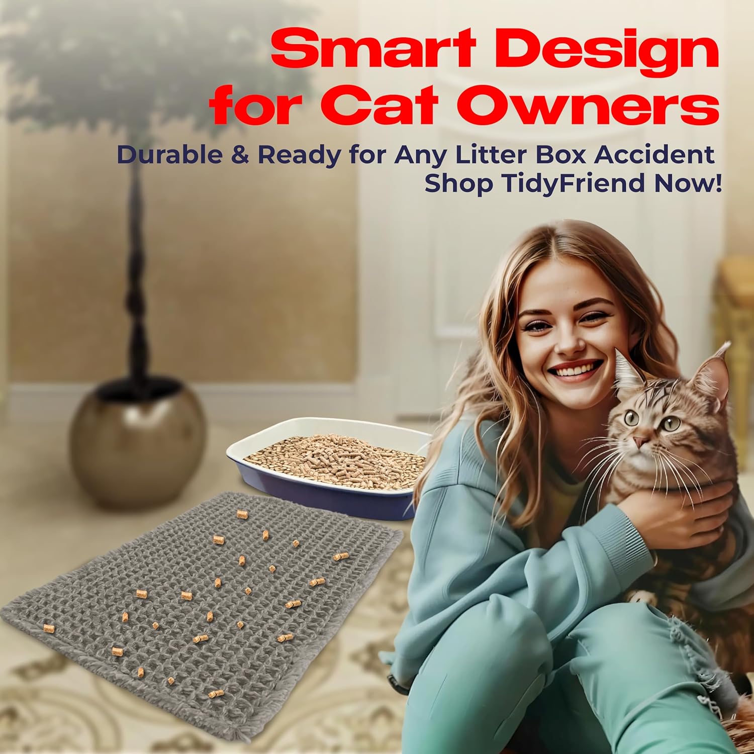 Cat Litter Mat – 24″ x 16″ Non-Slip Yarn Kitty Litter Trapper – Grey