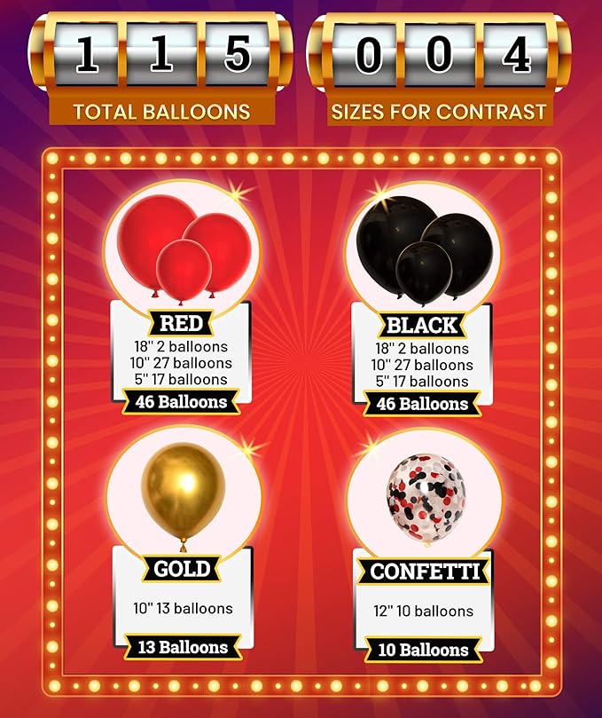 Red, Black & Gold Balloon Garland Kit – Casino Party Arch Decor Set
