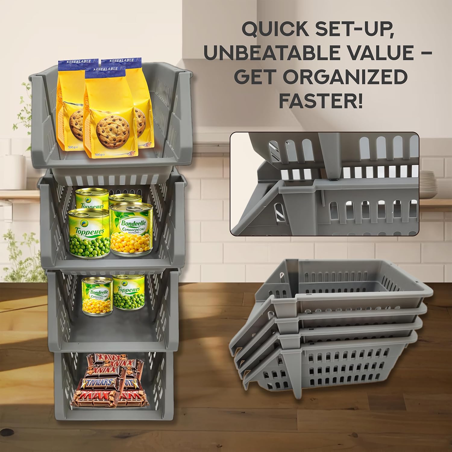 TidyFriend Small Stackable Storage Bins – 4 Pack Open Front