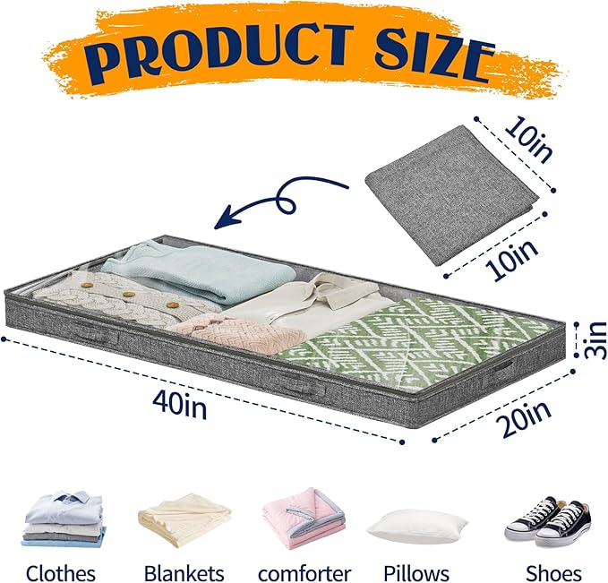 4pk Low Profile Under Bed Storage Bins – Foldable with Clear Lid