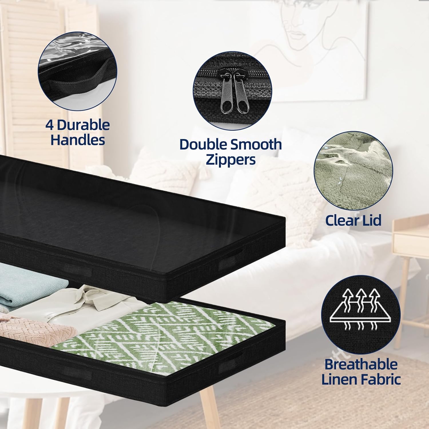 4pk Low Profile Under Bed Storage Bins – Foldable with Clear Lid