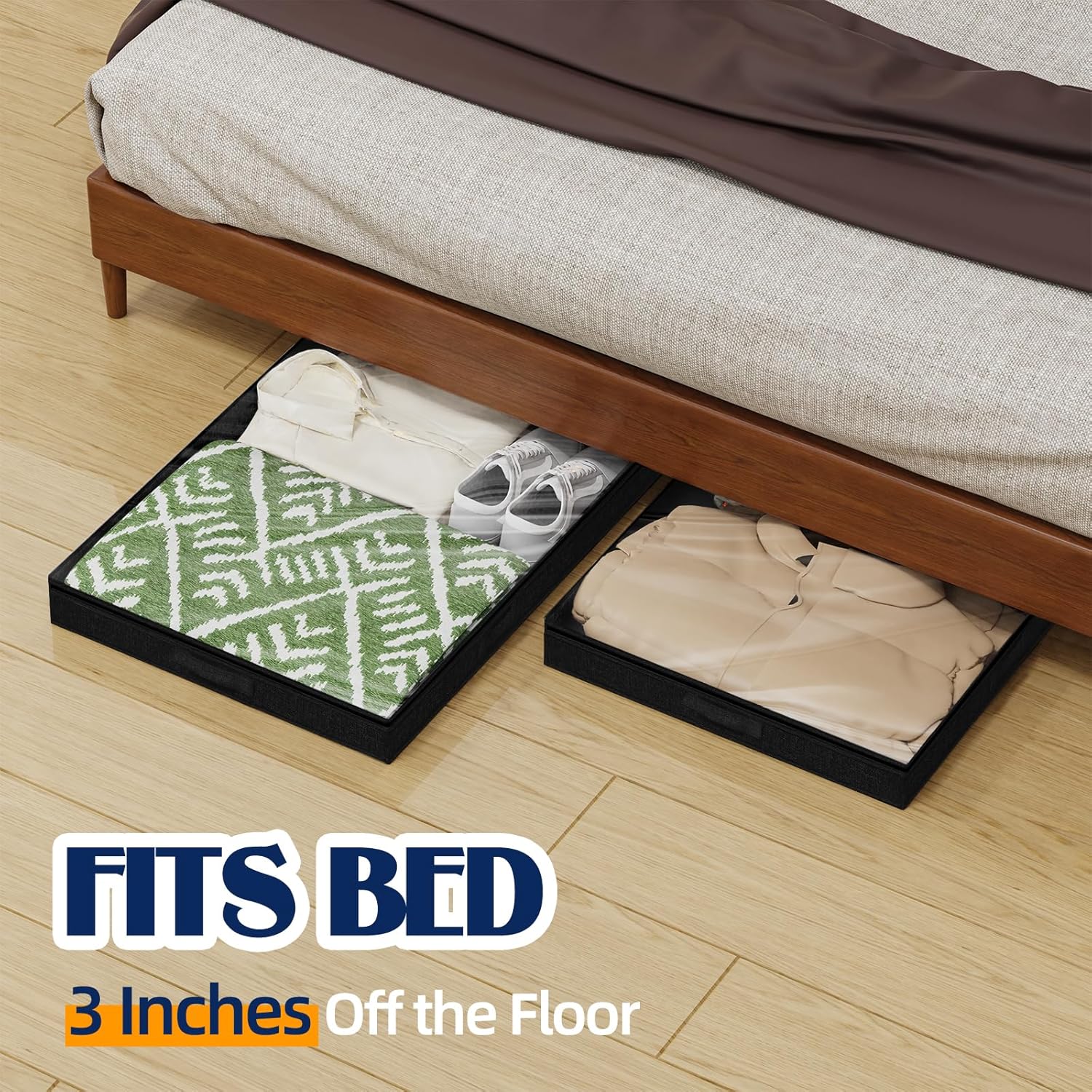 4pk Low Profile Under Bed Storage Bins – Foldable with Clear Lid