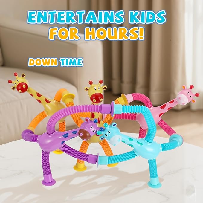 4-Pack Pop Tube Giraffe Sensory Fidget Toys w/ Suction Cups – Stretchy Travel Toys for Kids Ages 3+
