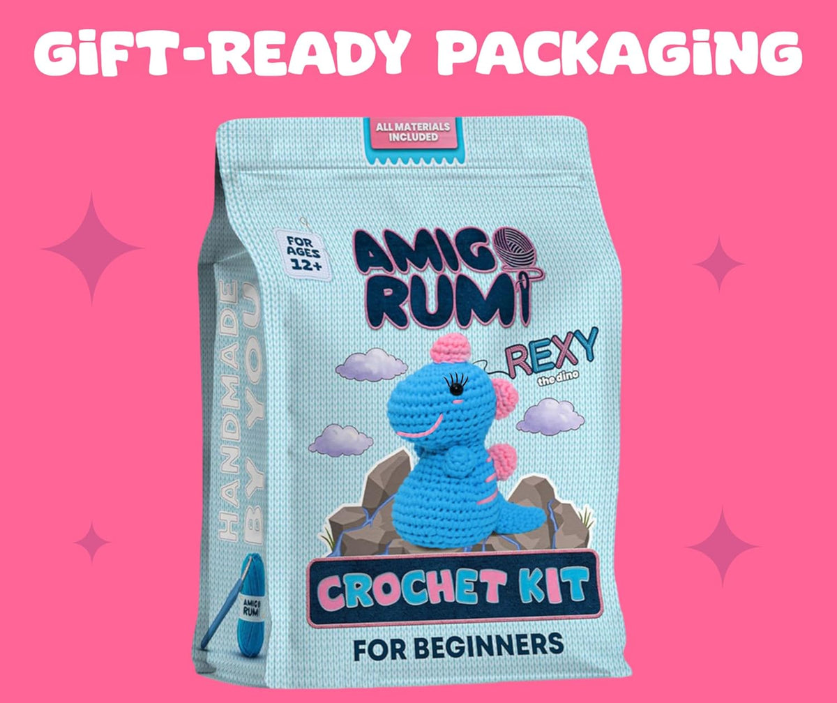 Amigo Rumi Cute Dinosaur Crochet Kit for Beginners – DIY Kit (Green or Blue)