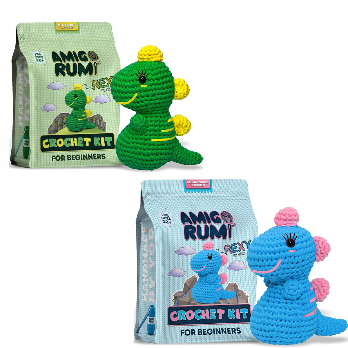 Amigo Rumi Cute Dinosaur Crochet Kit for Beginners – DIY Kit (Green or Blue)