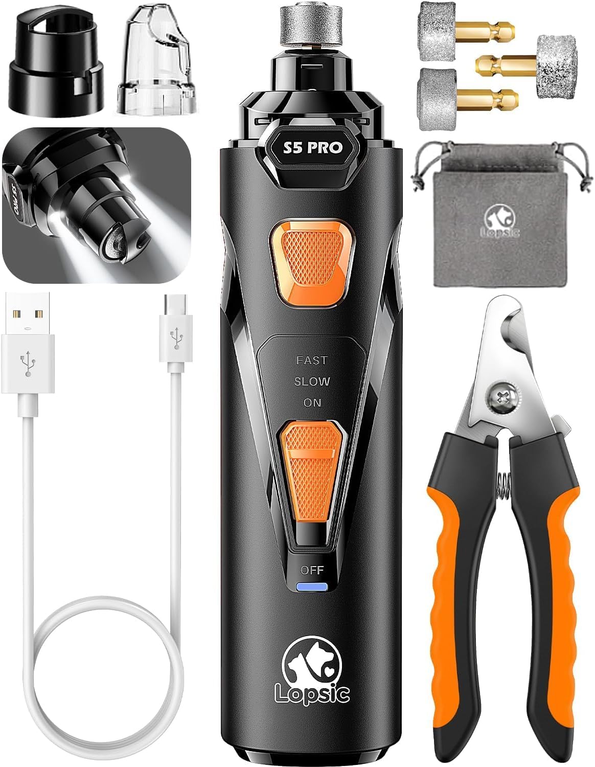 Dog Nail Grinder for Dogs & Cats with 2 LED Lights – Quiet Rechargeable Pet Nail Trimmer