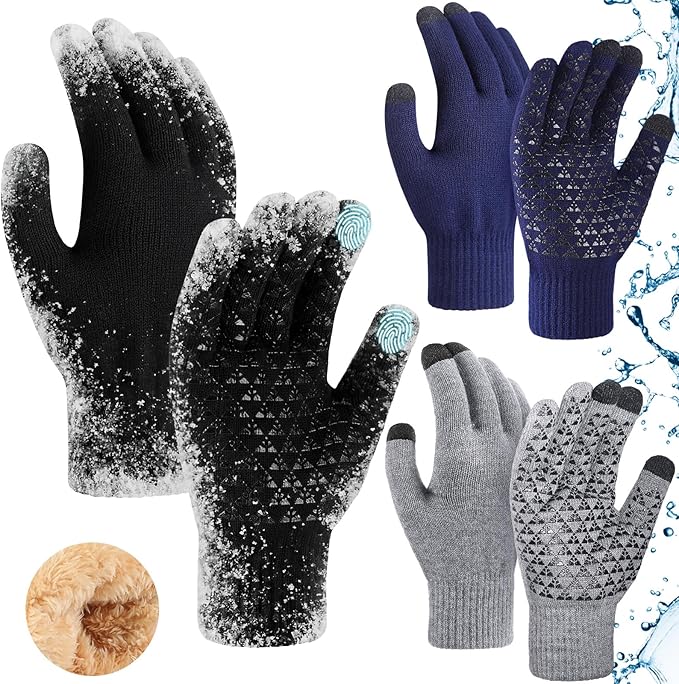 3pk Waterproof Winter Touchscreen Gloves for Men – Thermal Knit Cold Weather Gloves
