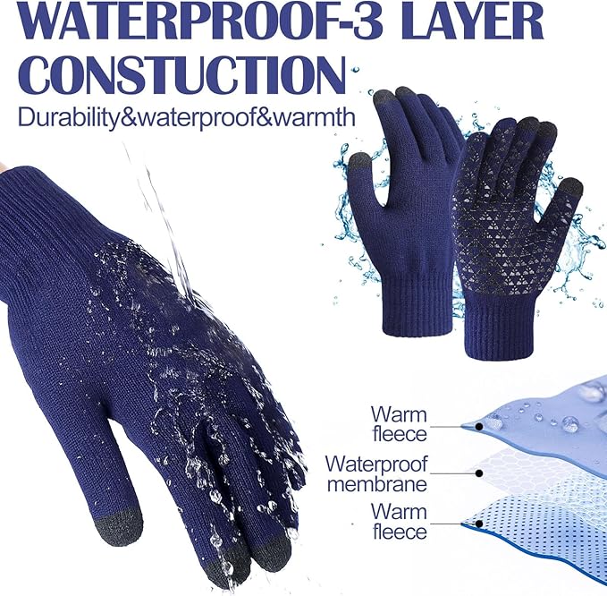 3pk Waterproof Winter Touchscreen Gloves for Men – Thermal Knit Cold Weather Gloves