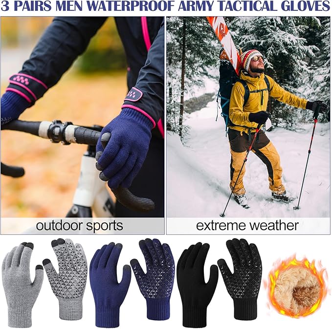 3pk Waterproof Winter Touchscreen Gloves for Men – Thermal Knit Cold Weather Gloves