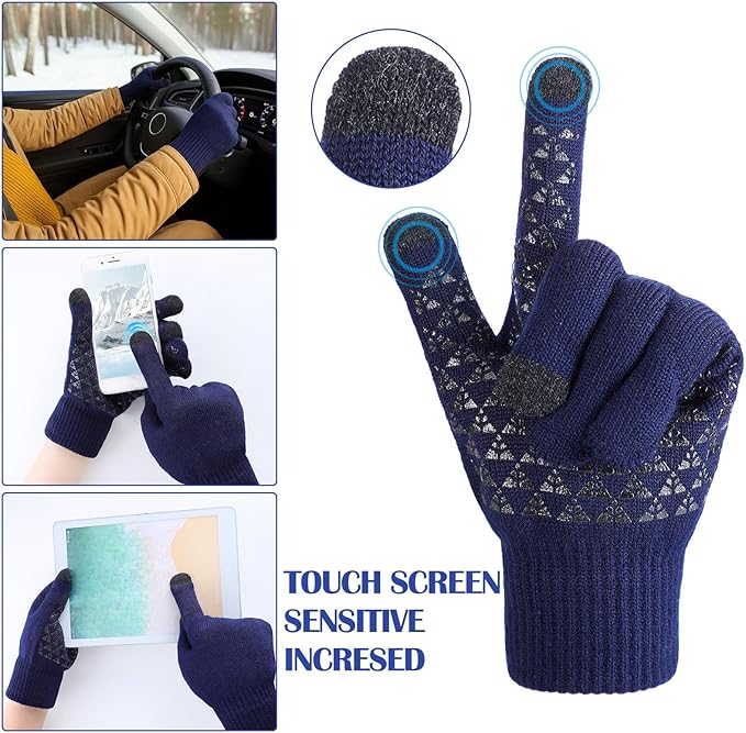 3pk Waterproof Winter Touchscreen Gloves for Men – Thermal Knit Cold Weather Gloves
