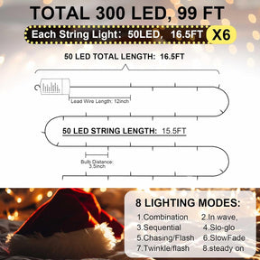 6pk Battery Operated String Lights with Timer - 99FT 300 LED Waterproof Fairy Lights