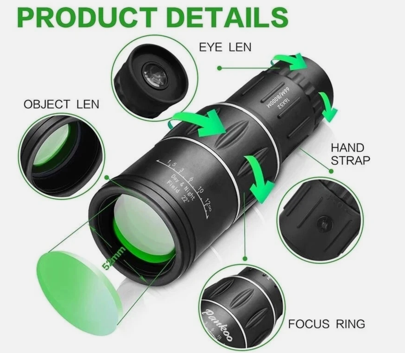 16x52 High Power Monocular Telescope – Long Range Hiking & Hunting Scope