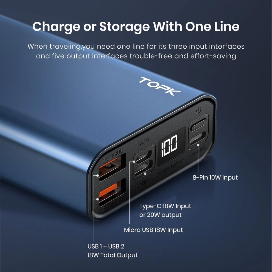 TOPK 20000mAh Portable Power Bank – 20W Fast Charging External Battery Charger