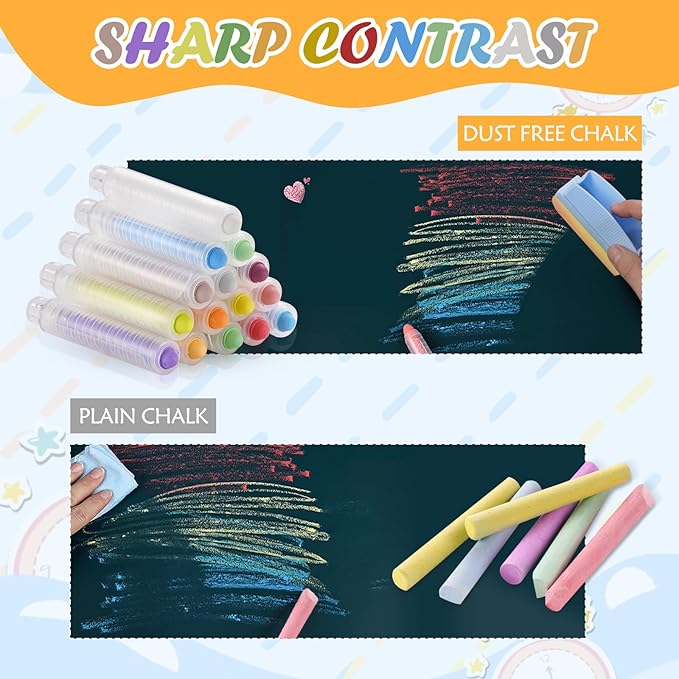 15 Piece Dustless Washable Kids Chalk Set – Non-Toxic Sidewalk & Blackboard Chalk with Eraser