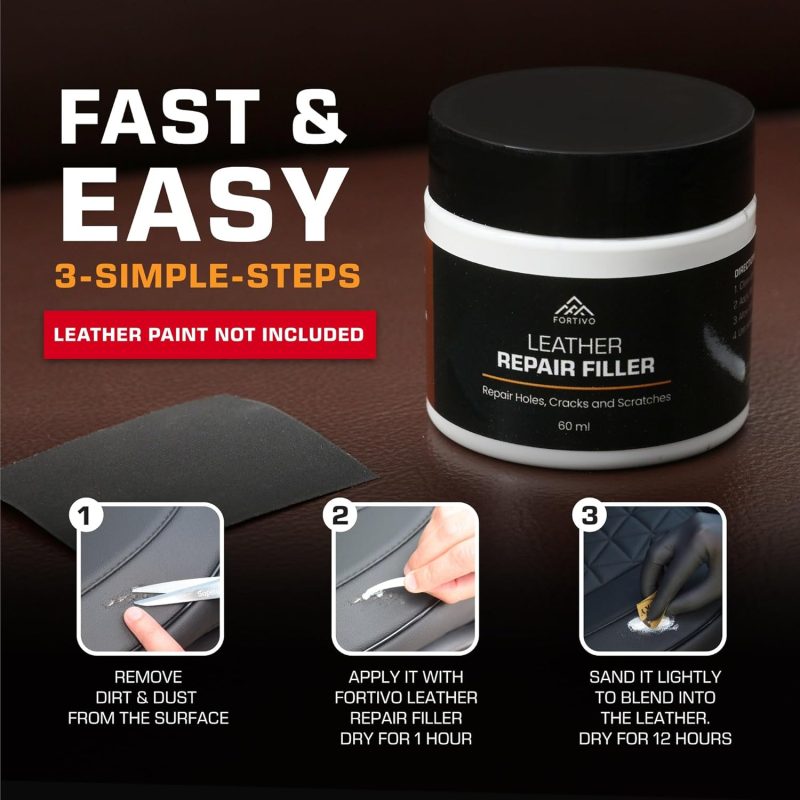 Fortivo Paintable 60ml Leather Filler – Leather Repair Gel for Tears, Holes, & Scratches