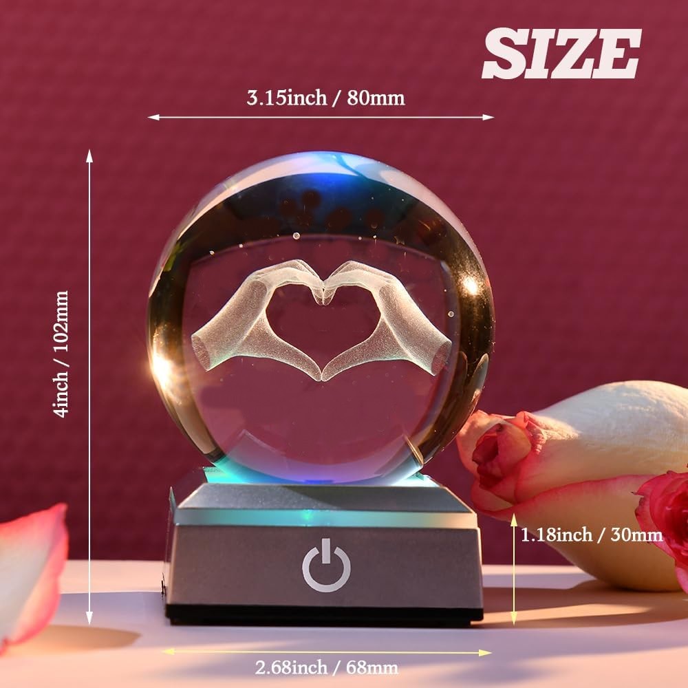 3D Heart Hands Crystal Ball Lamp – Color Changing LED Base Romantic Gift