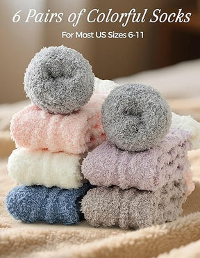 6pk Fluffy Fuzzy Slipper Socks for Women – Warm Cozy Plush Sleep Socks