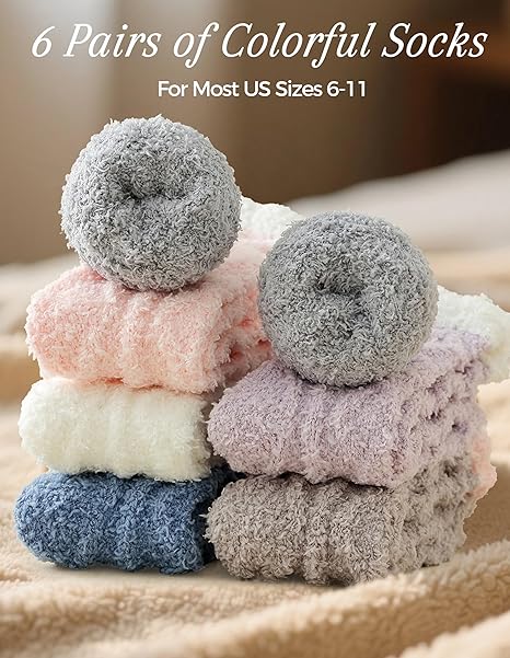 6pk Fluffy Fuzzy Slipper Socks for Women – Warm Cozy Plush Sleep Socks