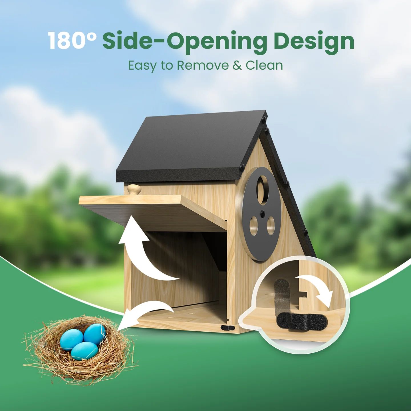 Adjustable Birdhouse with Rotating Entrance – Wooden Outdoor Nest Box with Easy Clean Side Door