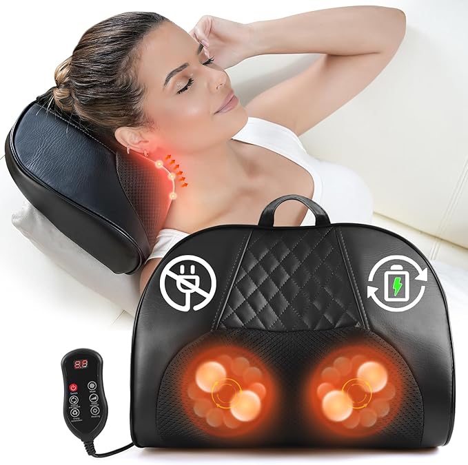 Rechargeable Neck & Back Massager with Heat – Cordless Deep Tissue Shiatsu Massage Pillow