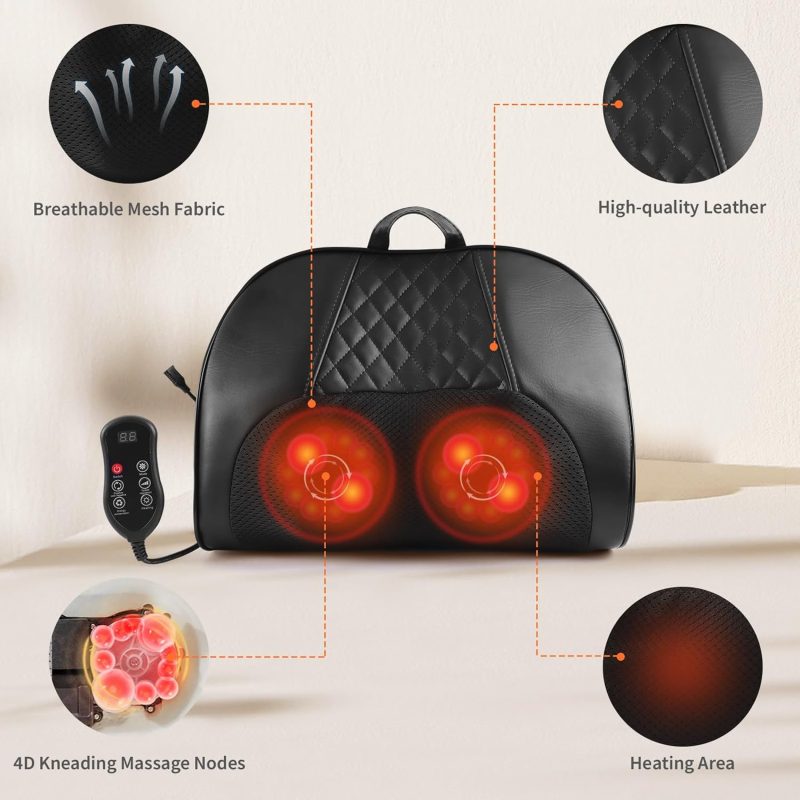 Rechargeable Neck & Back Massager with Heat – Cordless Deep Tissue Shiatsu Massage Pillow