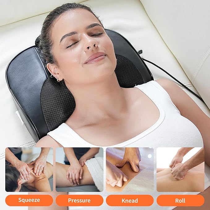 Rechargeable Neck & Back Massager with Heat – Cordless Deep Tissue Shiatsu Massage Pillow