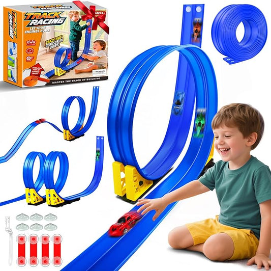 15ft Flexible Race Track Toy Set – Bendable Ramp Track with 4 Diecast Cars