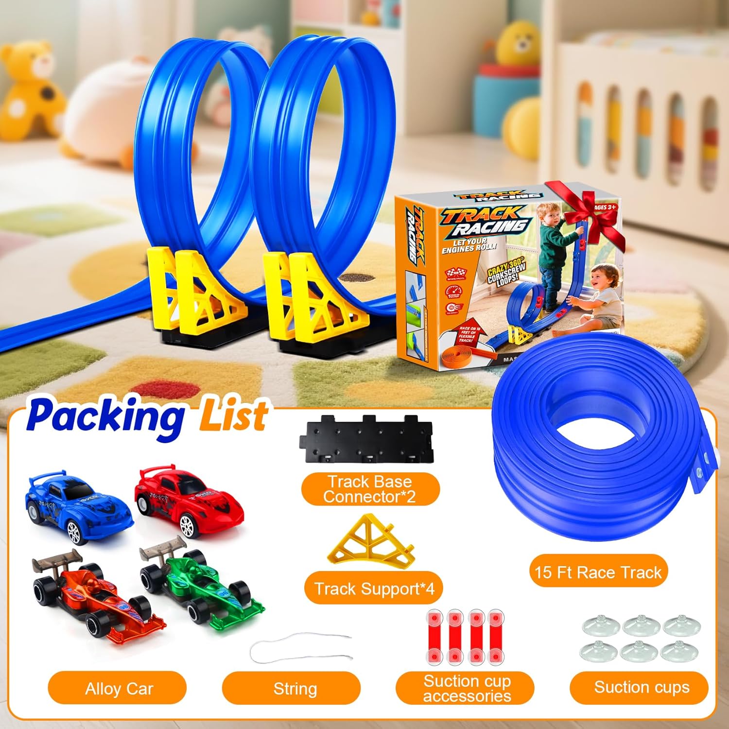 15ft Flexible Race Track Toy Set – Bendable Ramp Track with 4 Diecast Cars