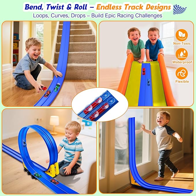 15ft Flexible Race Track Toy Set – Bendable Ramp Track with 4 Diecast Cars