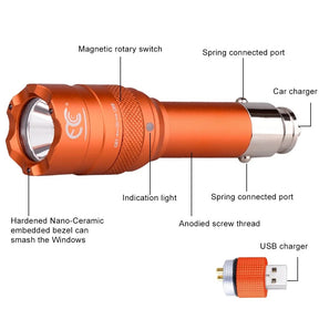 Rechargeable LED Car Flashlight with USB & 12V Charger | 250 Lumens Emergency Light with Window Breaker (Red or Orange shipped randomly)