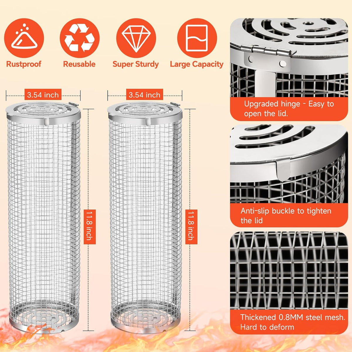2-Pack Stainless Steel Rolling Grill Basket - Heavy Duty BBQ Mesh for Vegetables & Seafood