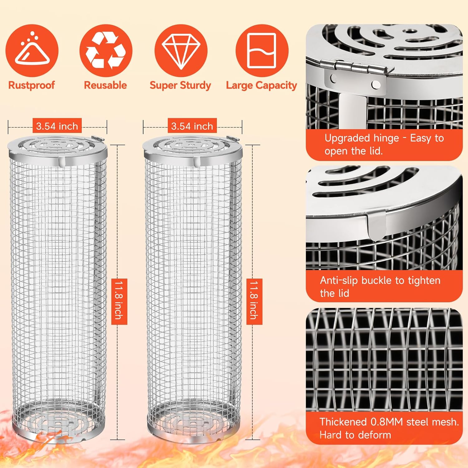 2-Pack Stainless Steel Rolling Grill Basket - Heavy Duty BBQ Mesh for Vegetables & Seafood