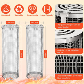 2-Pack Stainless Steel Rolling Grill Basket - Heavy Duty BBQ Mesh for Vegetables & Seafood