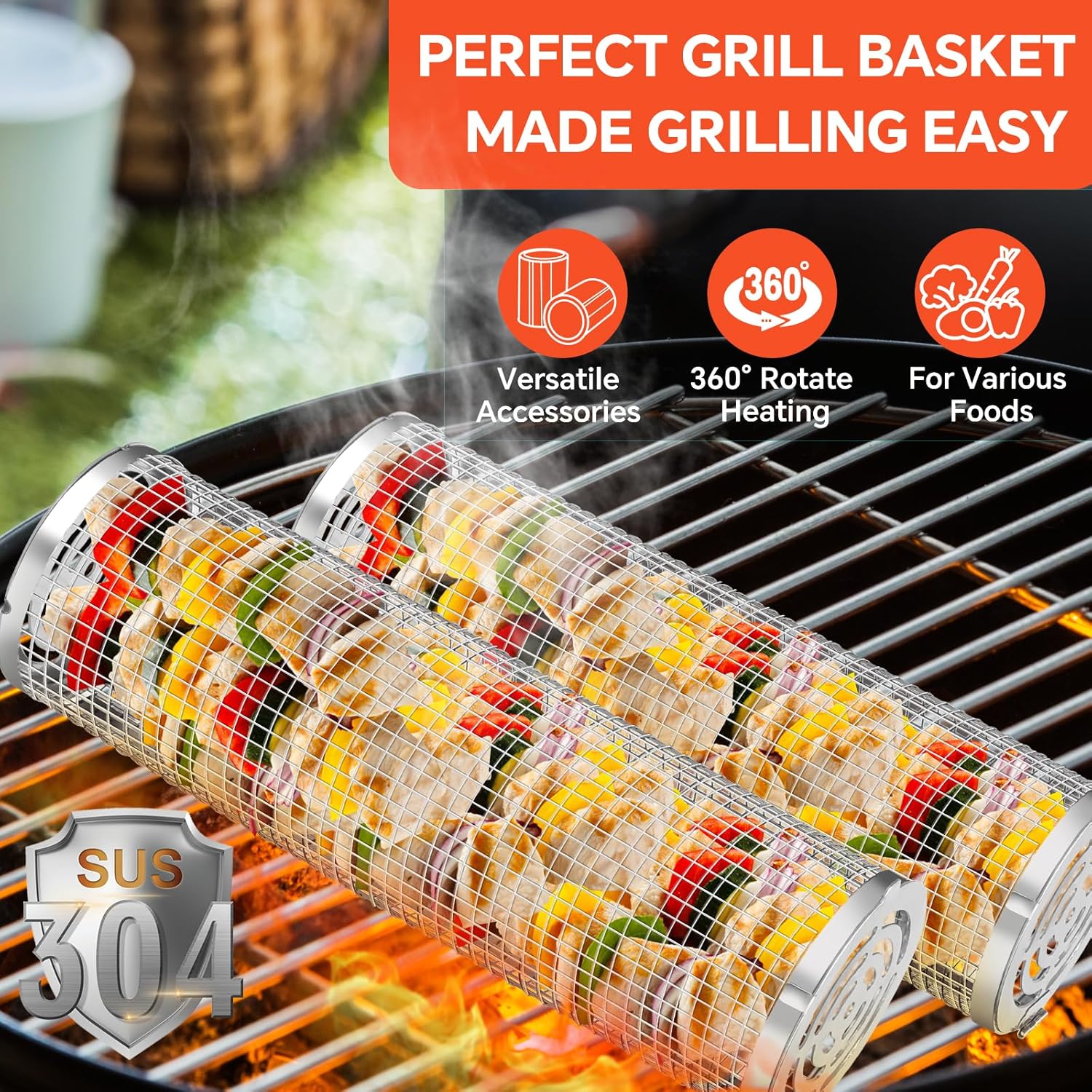 2-Pack Stainless Steel Rolling Grill Basket - Heavy Duty BBQ Mesh for Vegetables & Seafood