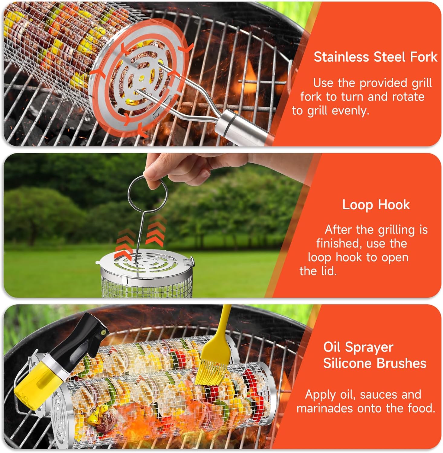 2-Pack Stainless Steel Rolling Grill Basket - Heavy Duty BBQ Mesh for Vegetables & Seafood