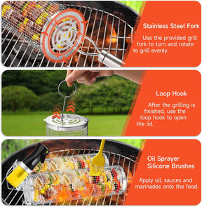 2-Pack Stainless Steel Rolling Grill Basket - Heavy Duty BBQ Mesh for Vegetables & Seafood