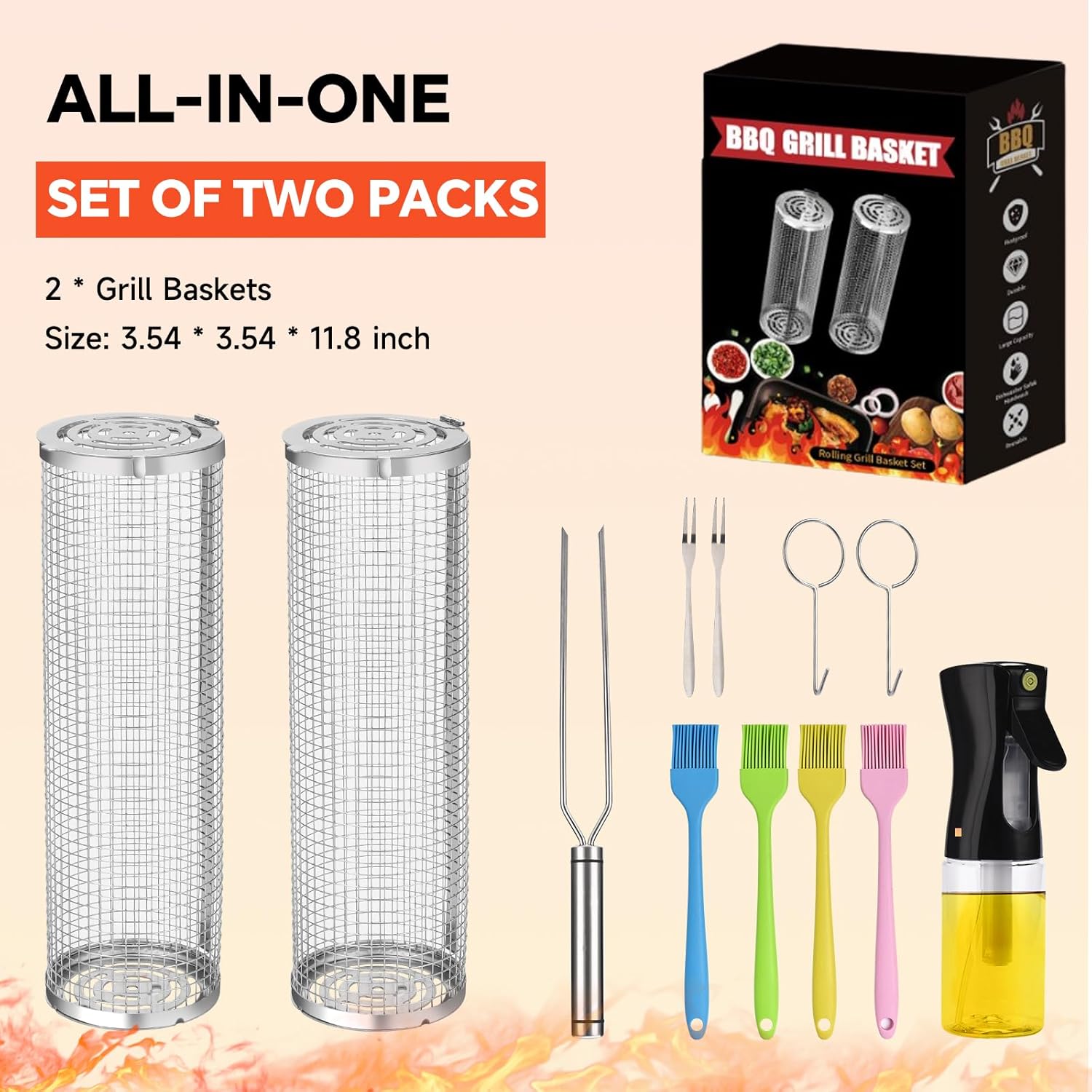 2-Pack Stainless Steel Rolling Grill Basket - Heavy Duty BBQ Mesh for Vegetables & Seafood