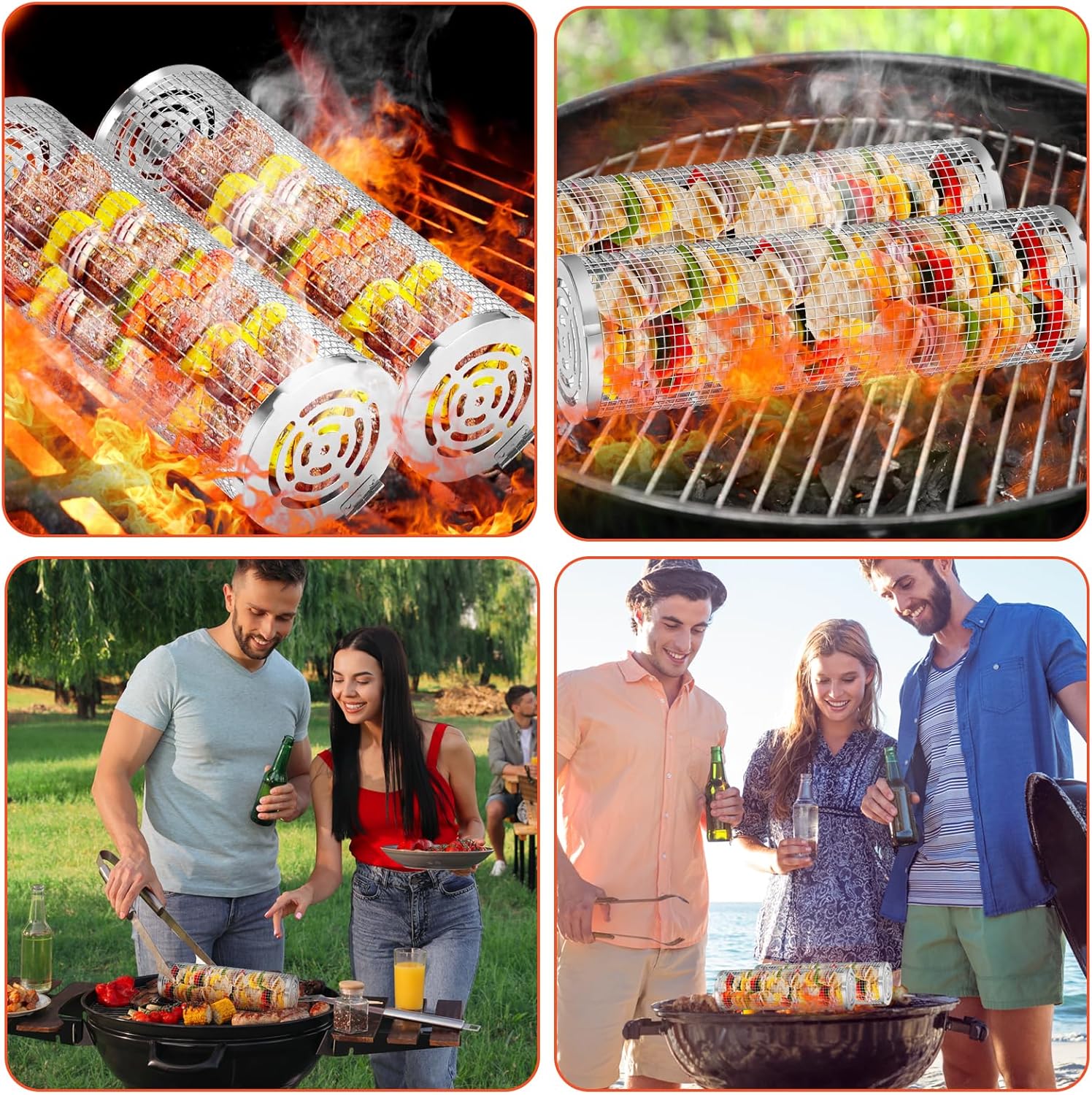 2-Pack Stainless Steel Rolling Grill Basket - Heavy Duty BBQ Mesh for Vegetables & Seafood