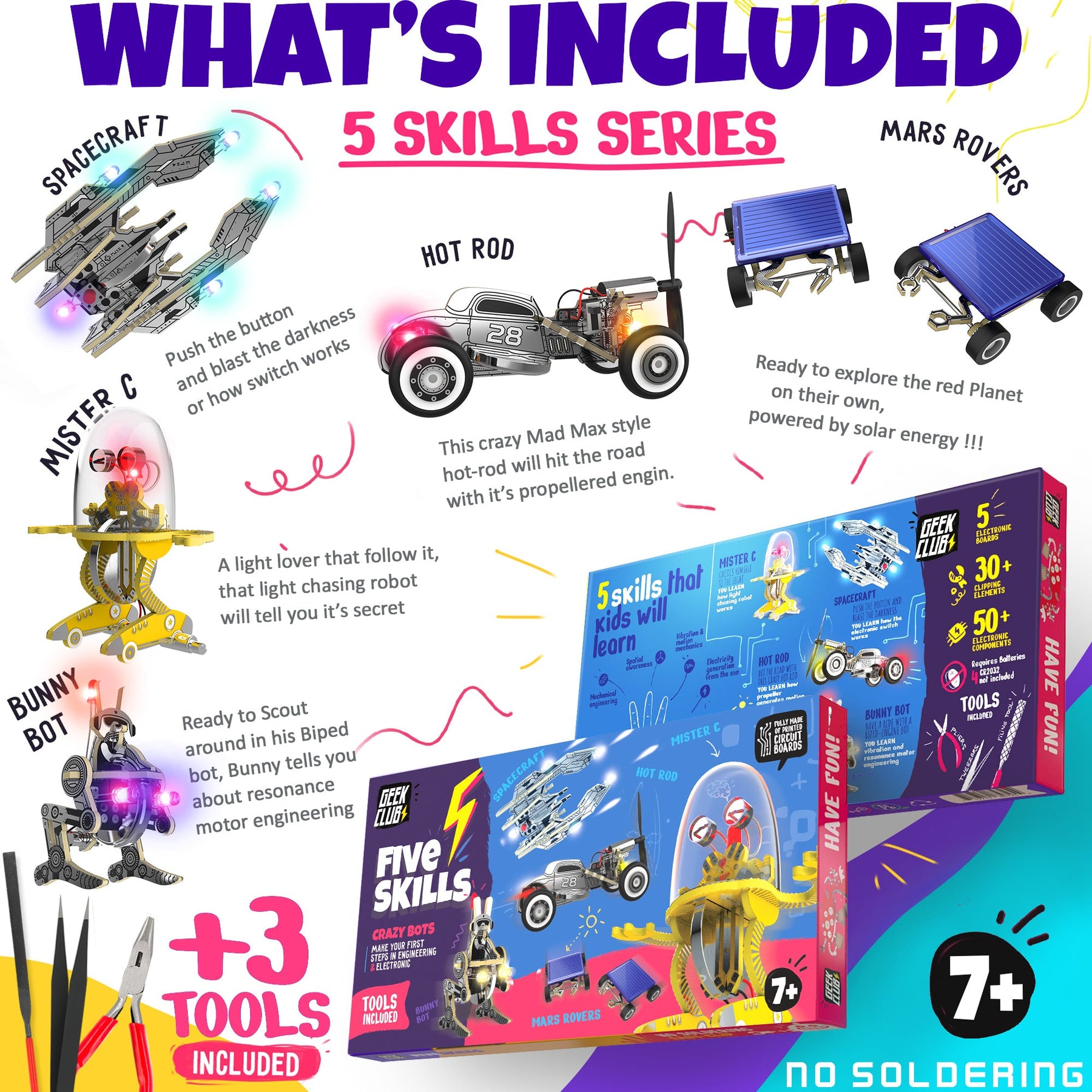 FIVE SKILLS CRAZY BOTS: 5-in-1 DIY STEM Robotics Kit with 5 Bonus Batteries