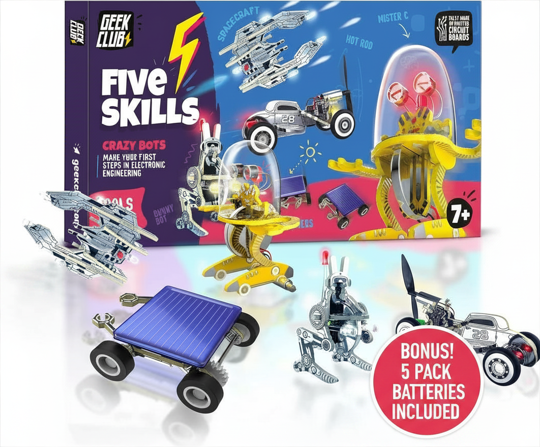 FIVE SKILLS CRAZY BOTS: 5-in-1 DIY STEM Robotics Kit with 5 Bonus Batteries