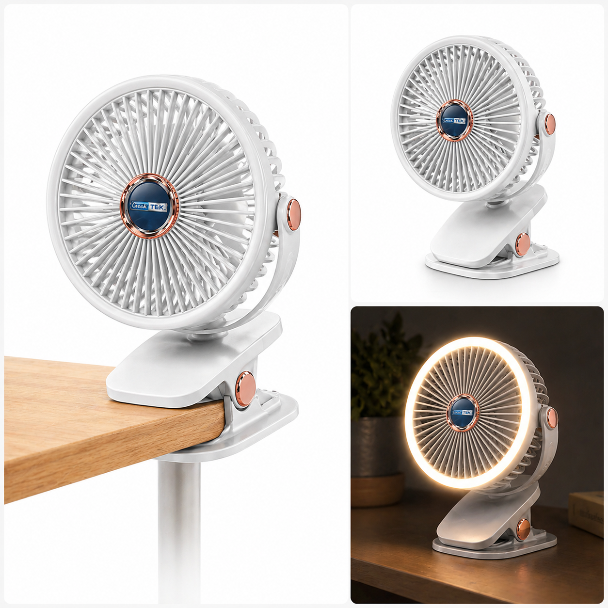 GeekTek Clip-N-Cool Rechargeable Clip Fan with 360° Rotation – White