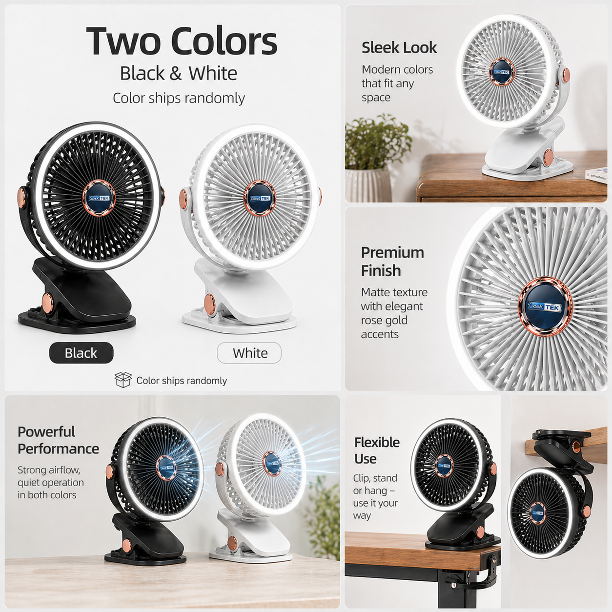 GeekTek Clip-N-Cool Rechargeable Clip Fan with 360° Rotation – Black Or White