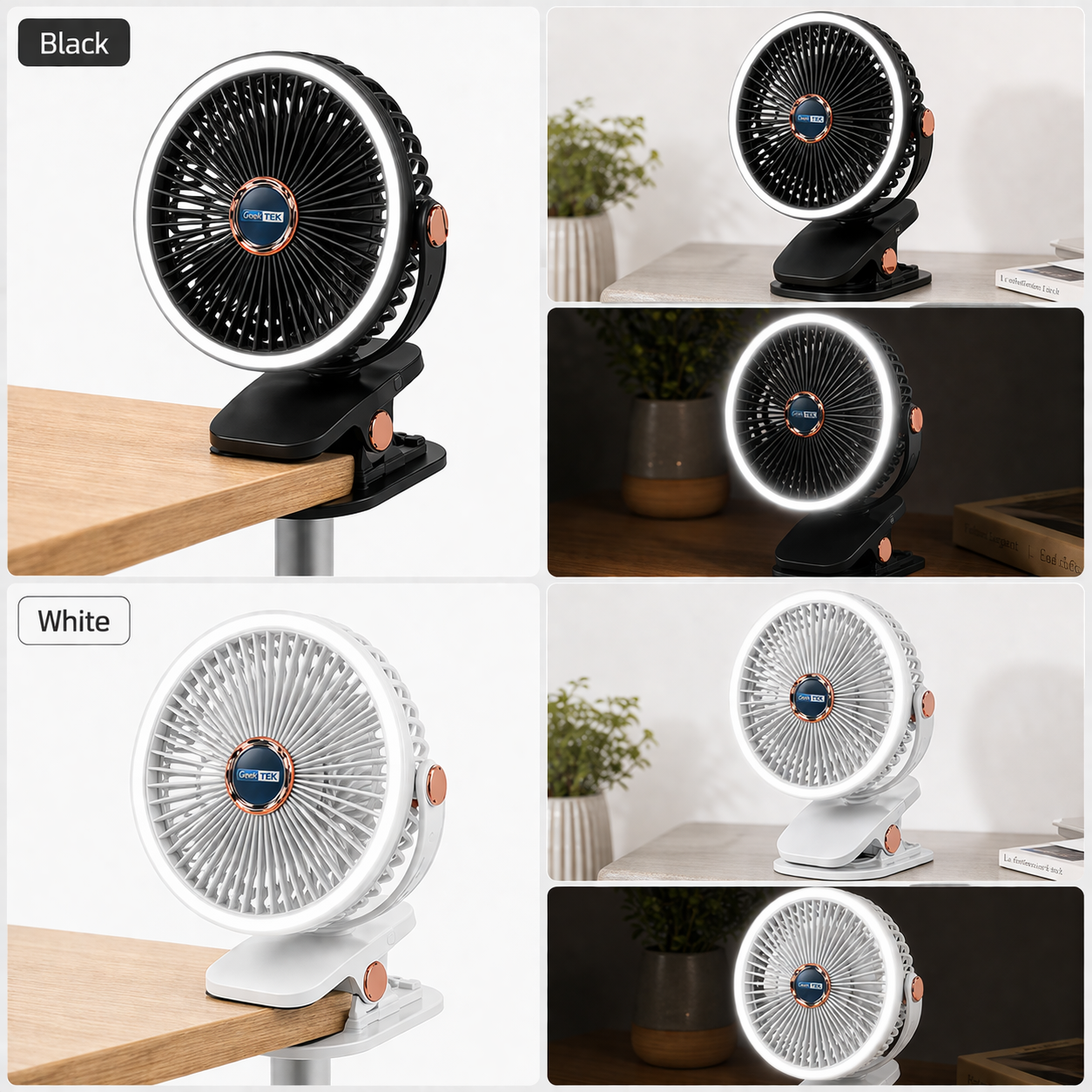 GeekTek Clip-N-Cool Rechargeable Clip Fan with 360° Rotation – Black Or White