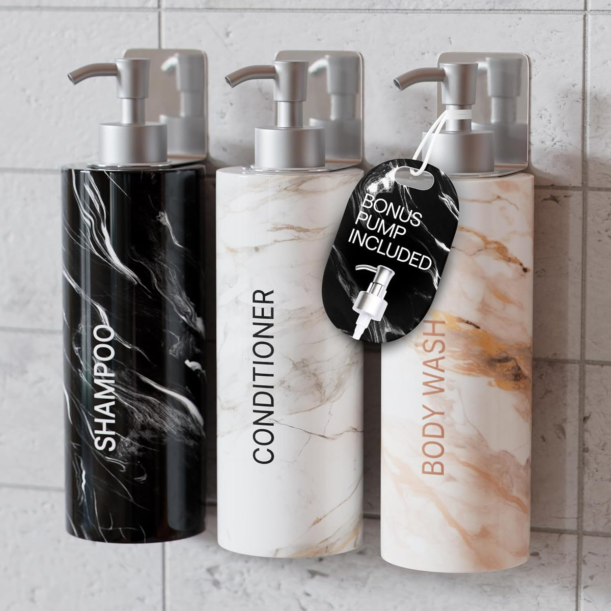 Luxury 3-Chamber Wall Mounted Shower Dispenser Set – No-Drill Marble Design