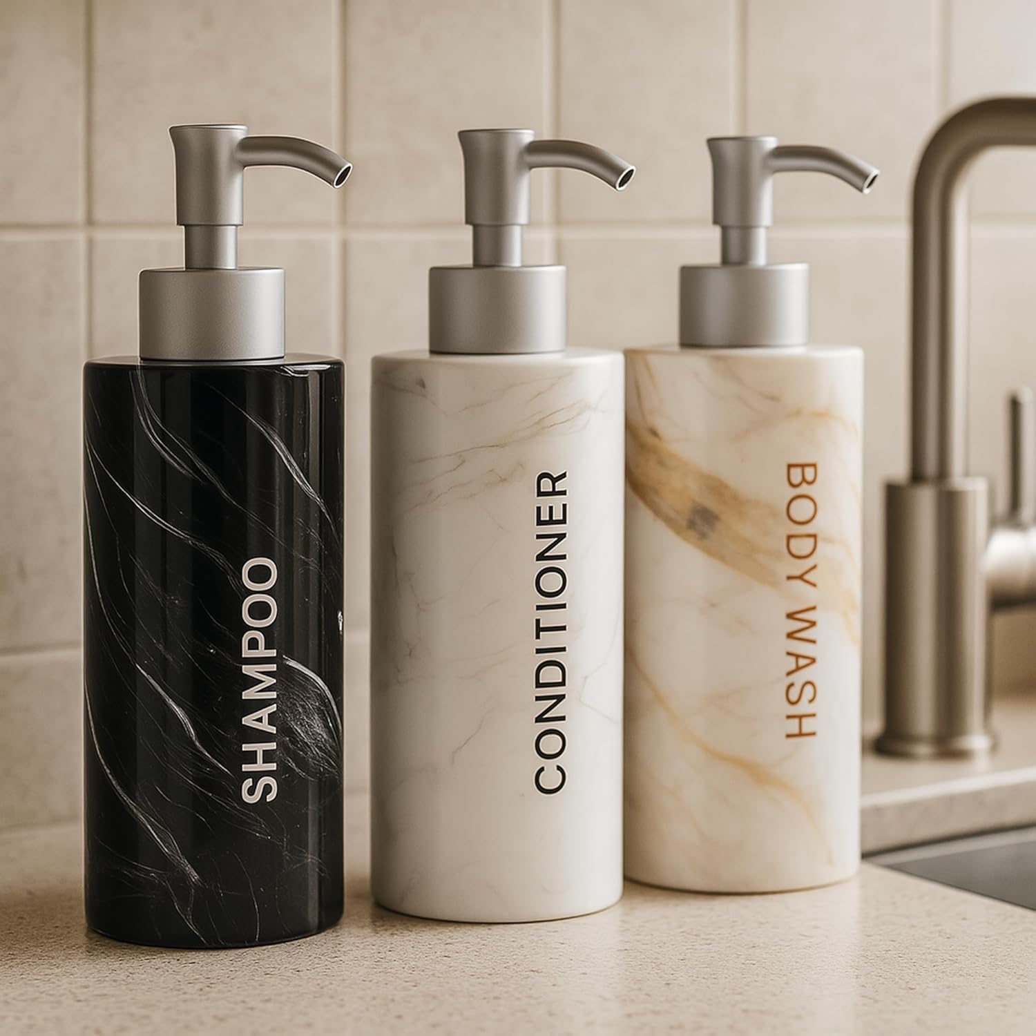 Luxury 3-Chamber Wall Mounted Shower Dispenser Set – No-Drill Marble Design