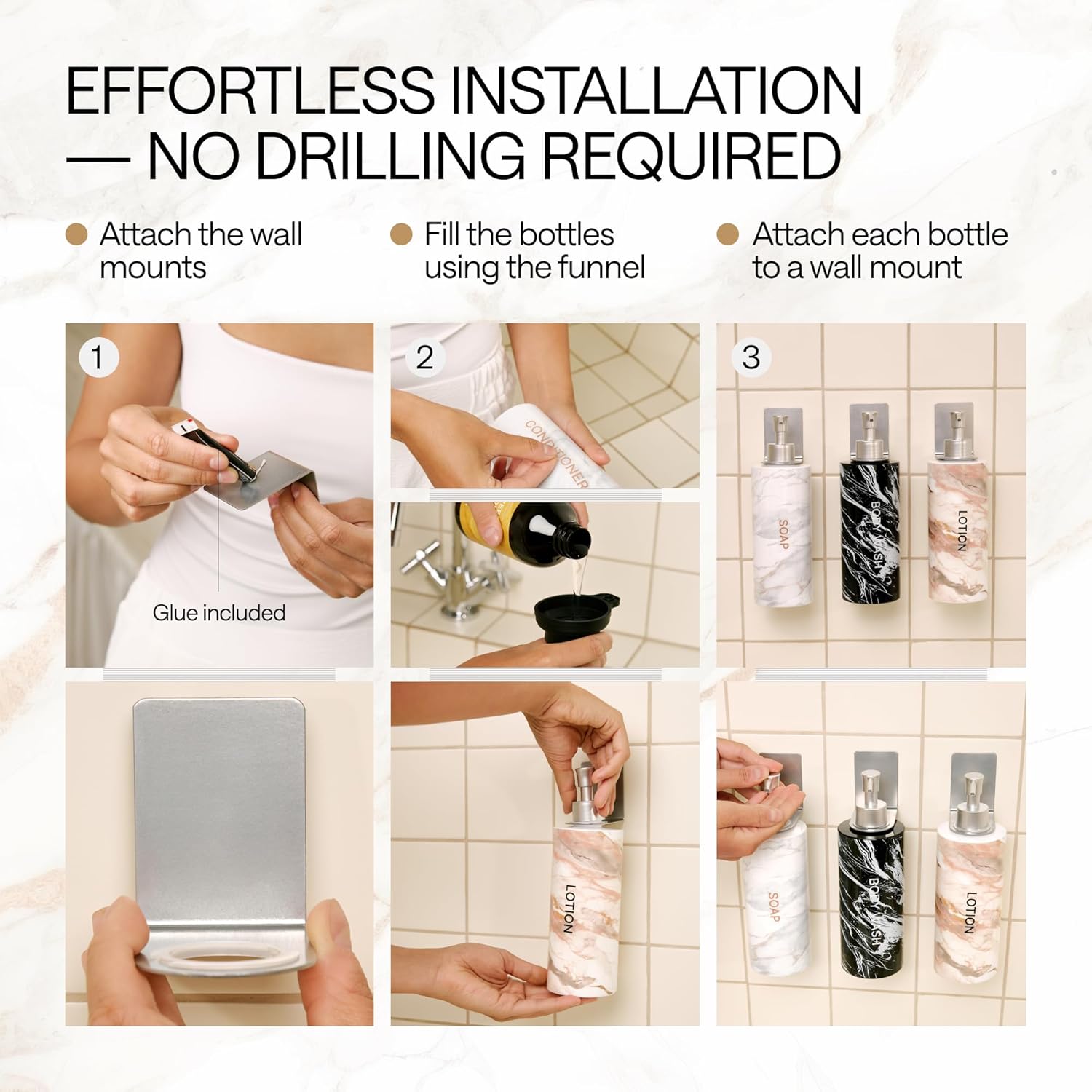 Luxury 3-Chamber Wall Mounted Shower Dispenser Set – No-Drill Marble Design