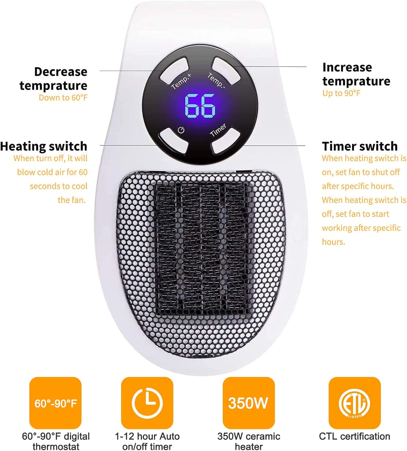 350W Fast-Heating Wall Plug-In Space Heater with Digital Thermostat & Timer